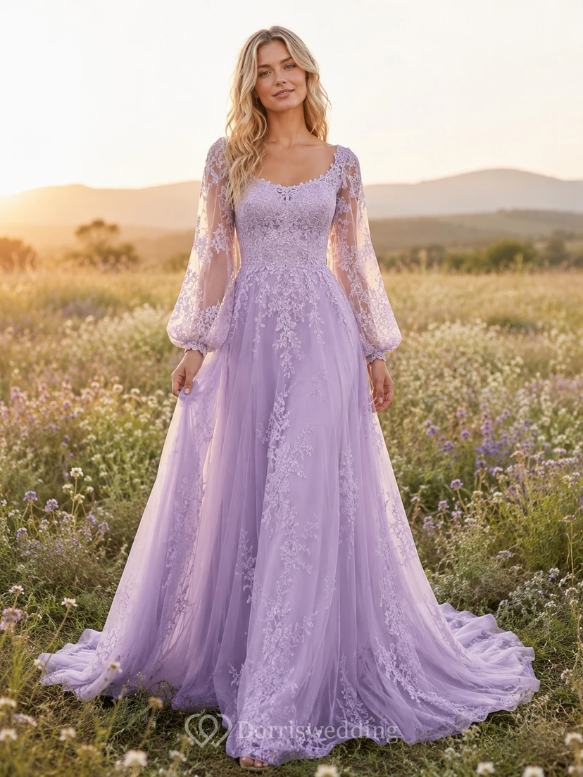 Robe de mariée violette bohème à manches longues en dentelle et tulle, coupe trapèze