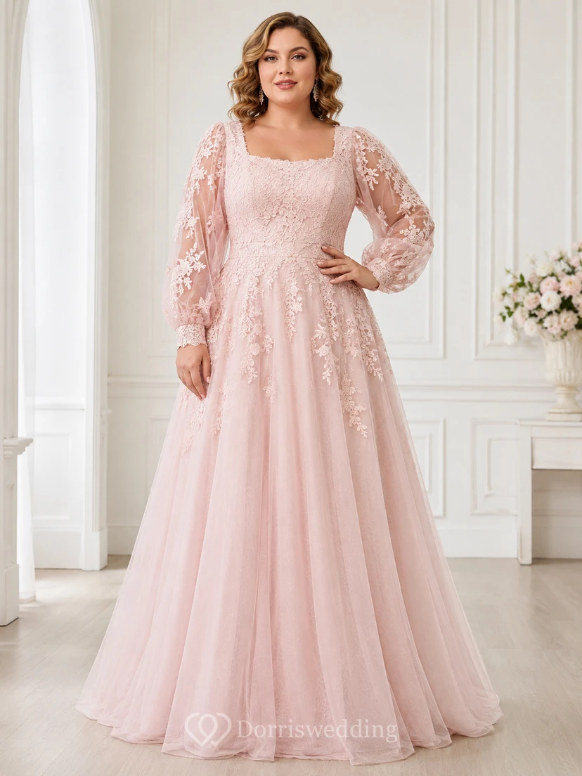 Blush Plus Size Square Neck Bishop Sleeve Lace Bridal Gown