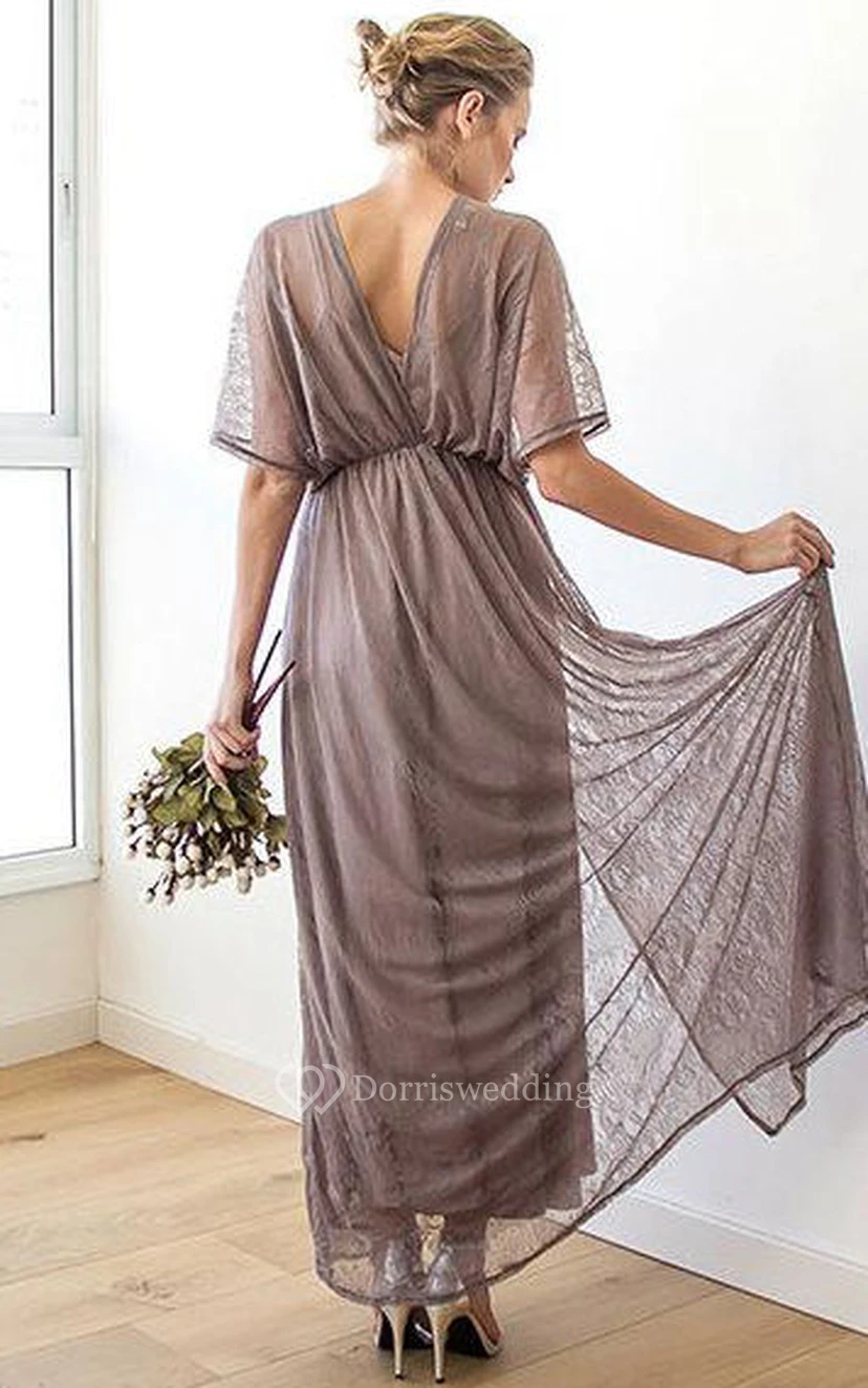 Vestido largo plisado de encaje con escote en V, espalda en V y mangas tipo ala de murciélago, corte imperio y corte en A. view 3