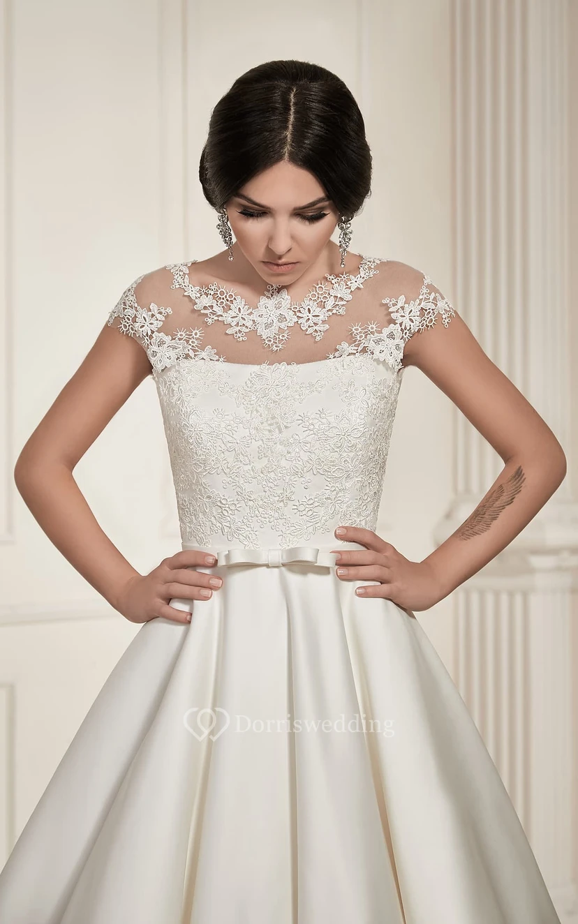 A-Line Long Jewel-Neck Cap-Sleeve Illusion Satin Dress With Appliques view 4