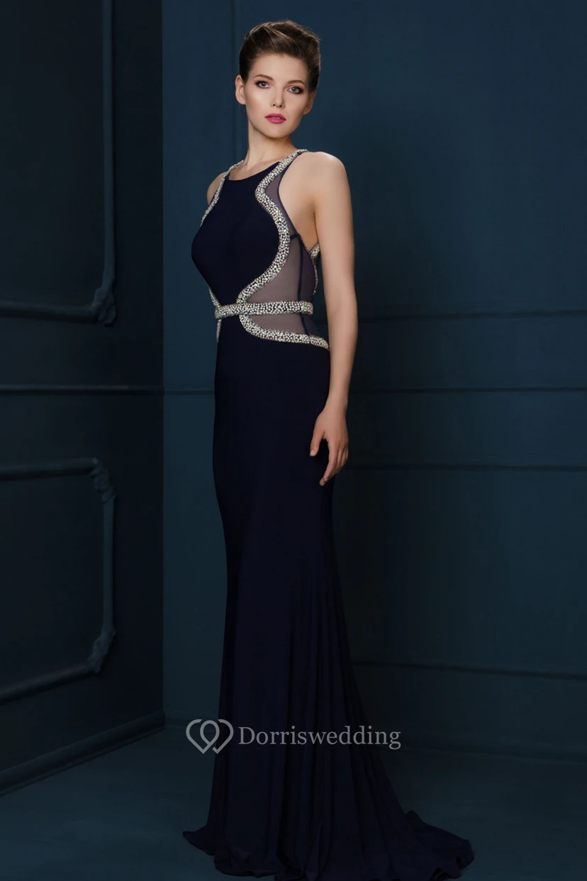 Sleeveless Beaded Scoop Neck Chiffon Evening Dress With Brush Train view 3