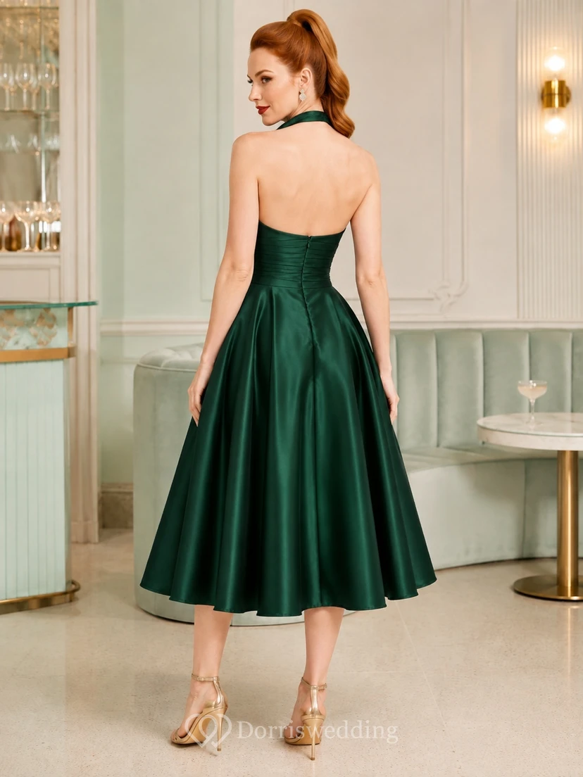Dark Green Halter Cowl Satin Vintage A-Line Tea-Length Formal Evening Dress view 2