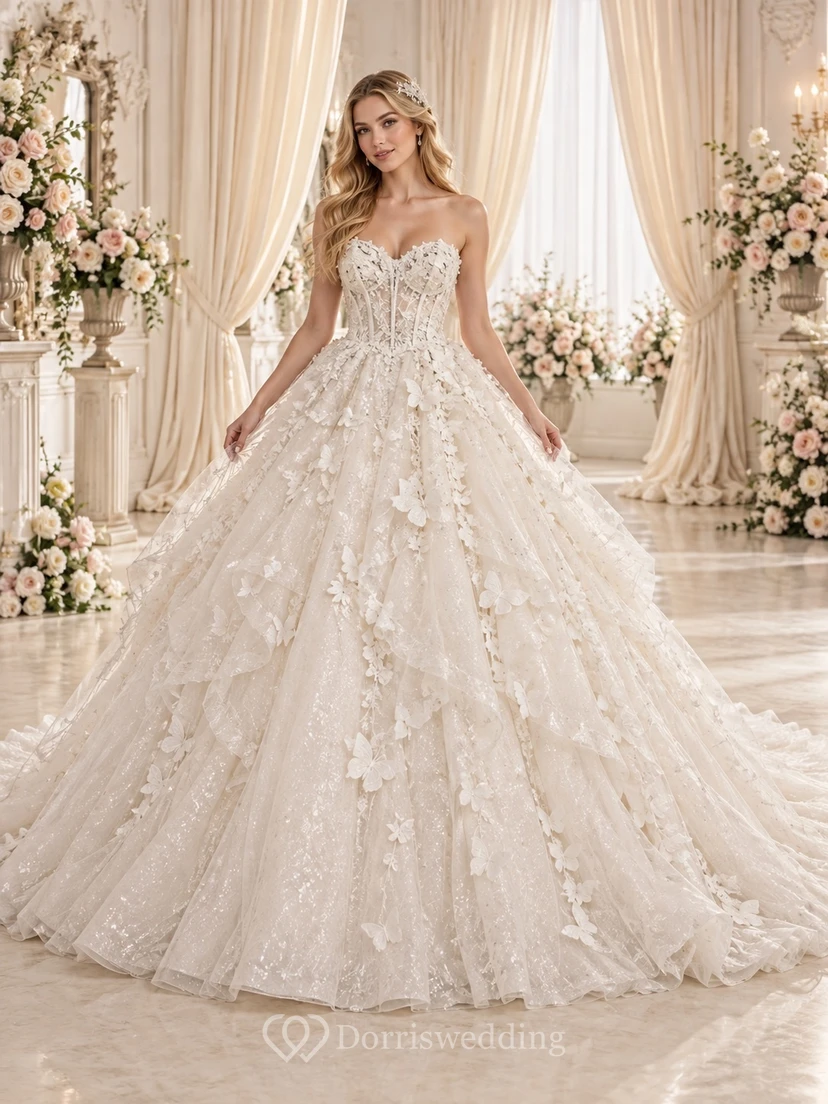 Strapless Sweetheart Wedding Ball Gown with Raised Butterfly Appliques and Glittering Tulle
