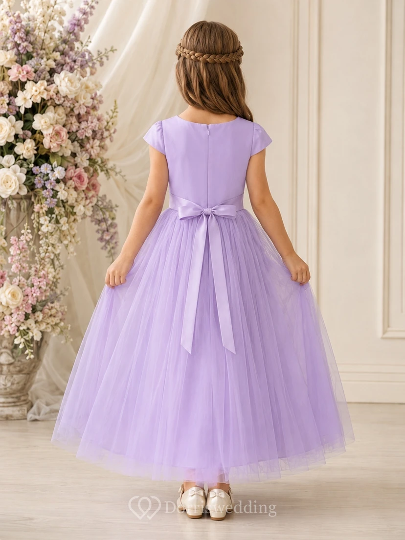 Lavendelfarbenes Brautjungfernkleid für junge Damen, A-Linie, Rundhalsausschnitt, kurze Flügelärmel, Tüllschleife, bezaubernd, romantisch view 2