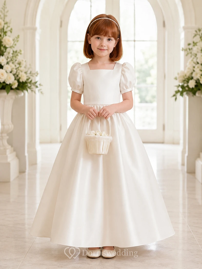 Robe de demoiselle d'honneur blanche classique en satin, coupe trapèze, avec nœud dans le dos, manches bouffantes, col rond et jupe longue.