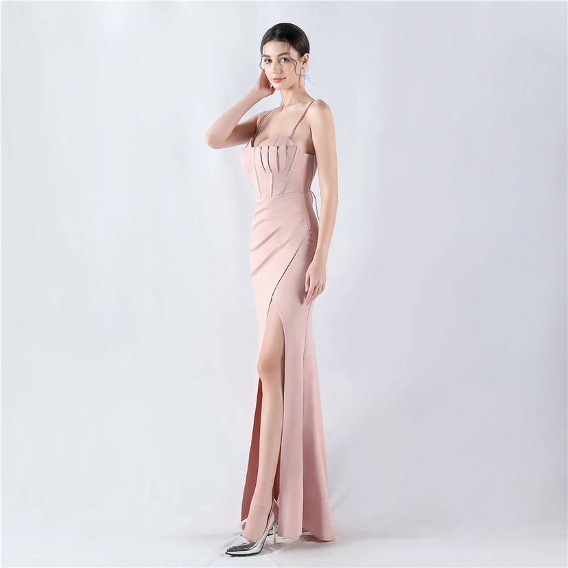 Fishbone Waist Strap Satin Host Meeting Evening Dress view 21