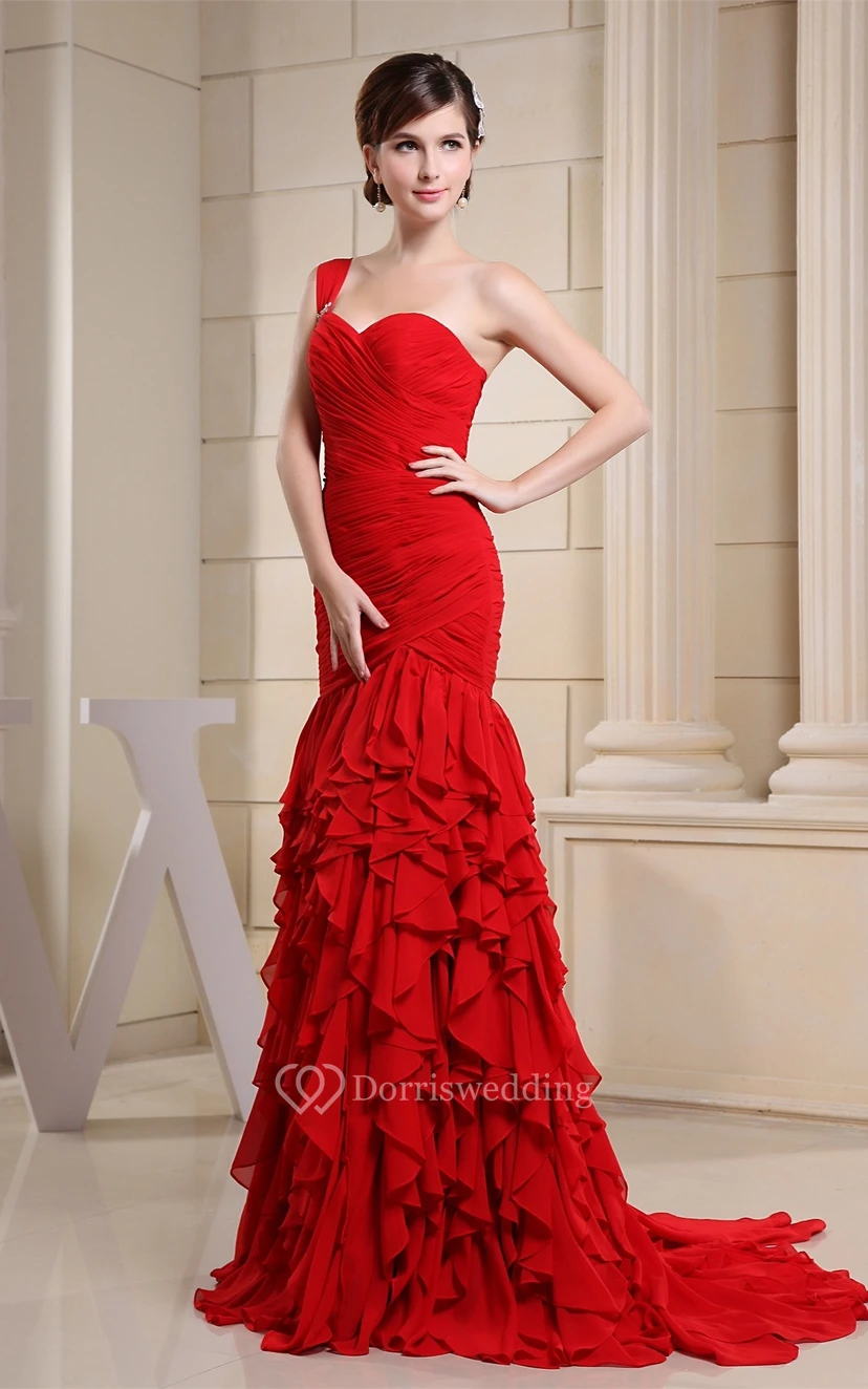 Sweetheart Chiffon Floor-Length Ruched Cascading Ruffles and Dress With Single Strap view 3