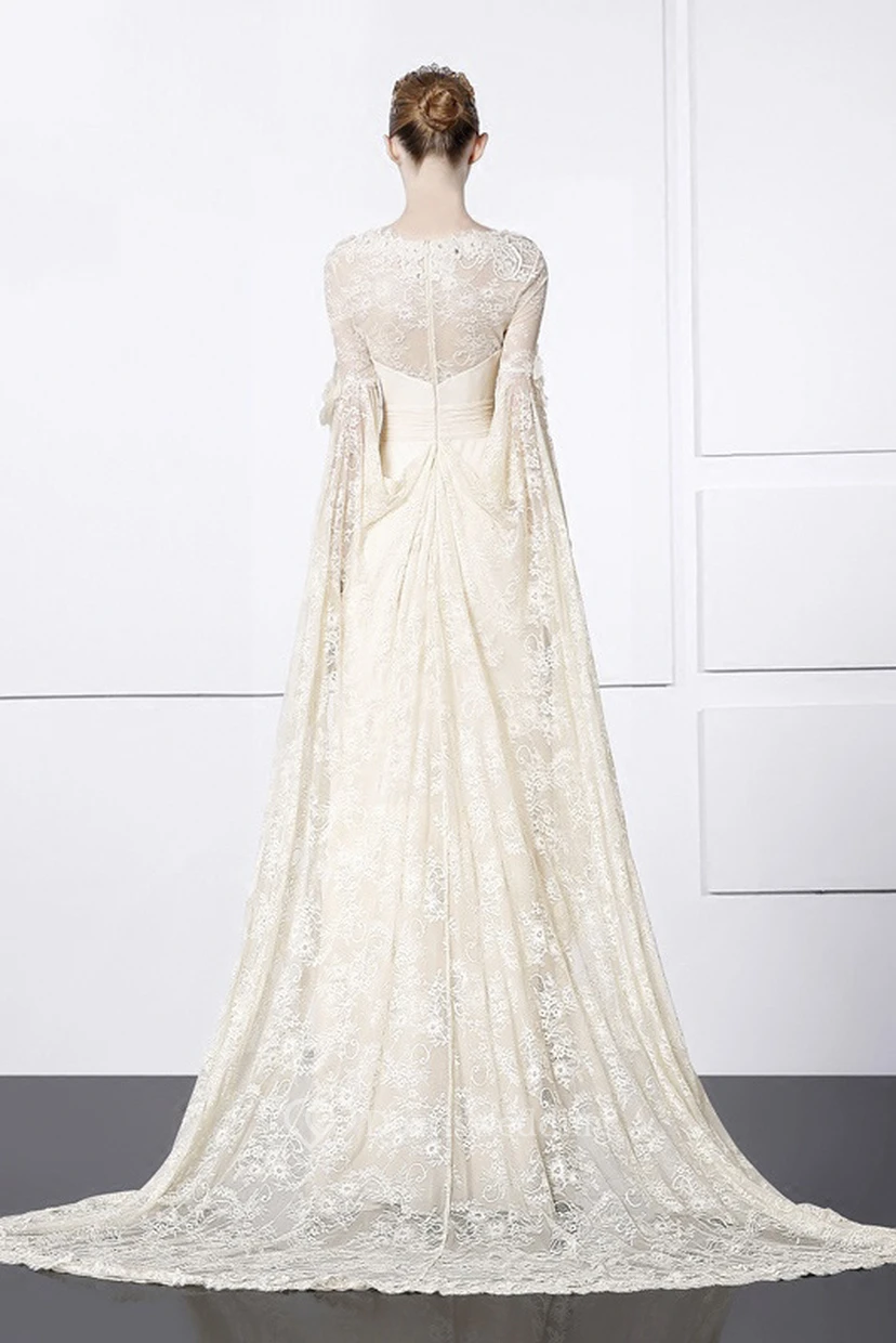 Square Sheath Bat Sleeve Lace Chiffon Unique Gown With Train view 2