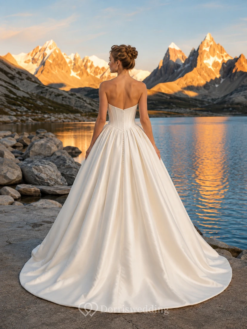 Trägerloses, plissiertes Ballkleid aus Satin mit Herzausschnitt und kurzer Schleppe – Hochzeitskleid für die Destination Wedding view 2