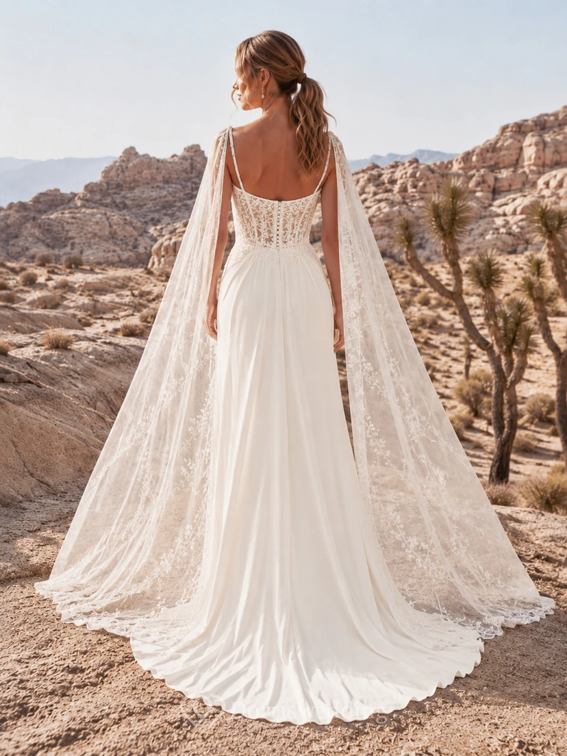 Robe de mariée champêtre en mousseline de soie, coupe trapèze, col carré, sans manches, traîne chapelle et fente. view 2