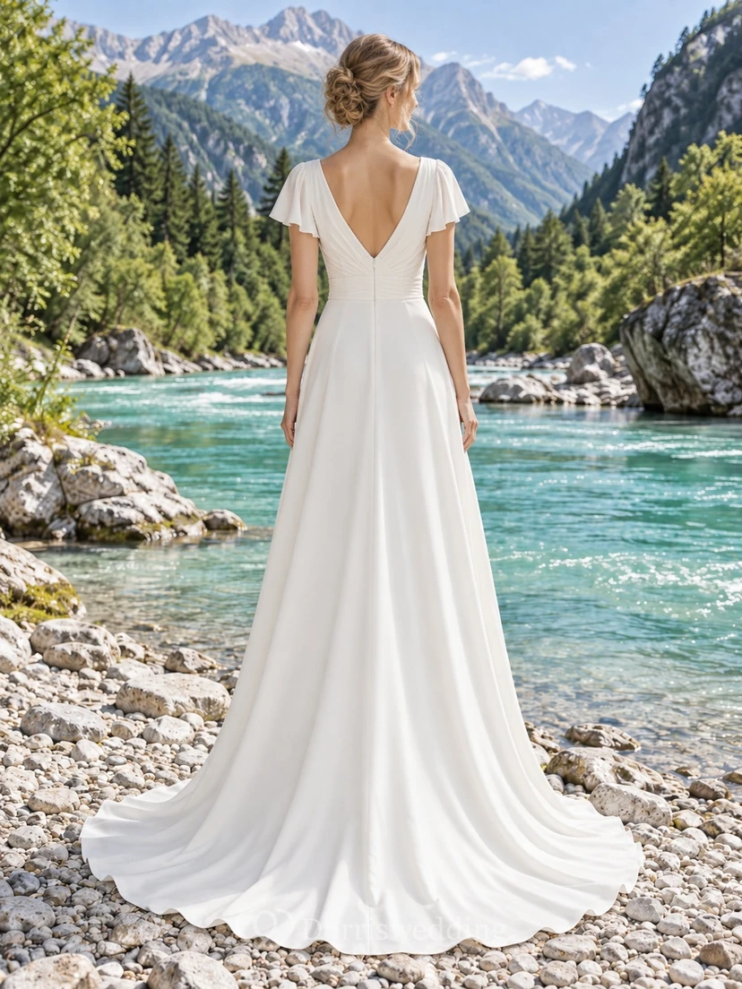 Vestido de novia sencillo de corte A con escote en V, espalda de satén, crepé, mangas cortas y cola. view 2