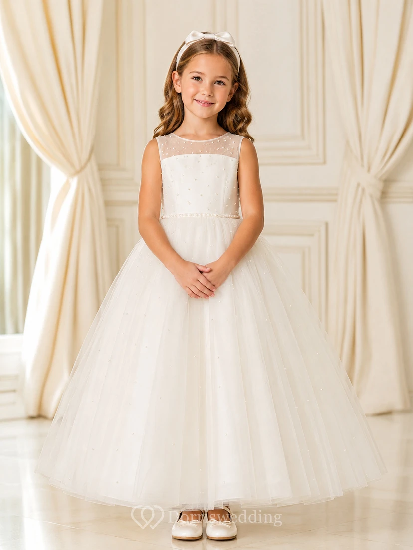 Vestido de niña de las flores, vestido de gala de tul color marfil, cuello cuadrado, largo hasta la rodilla, plisado.