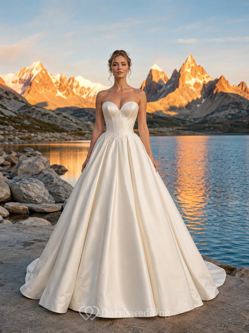 Trägerloses, plissiertes Ballkleid aus Satin mit Herzausschnitt und kurzer Schleppe – Hochzeitskleid für die Destination Wedding
