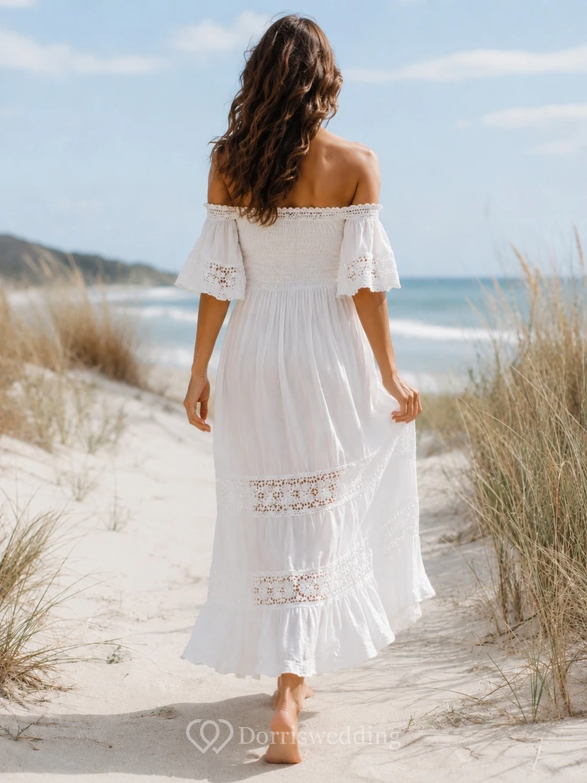 Boho White Off-Shoulder Ruffle Sleeve Tiered A-Line Ankle-Length Casual Beach Dress view 2