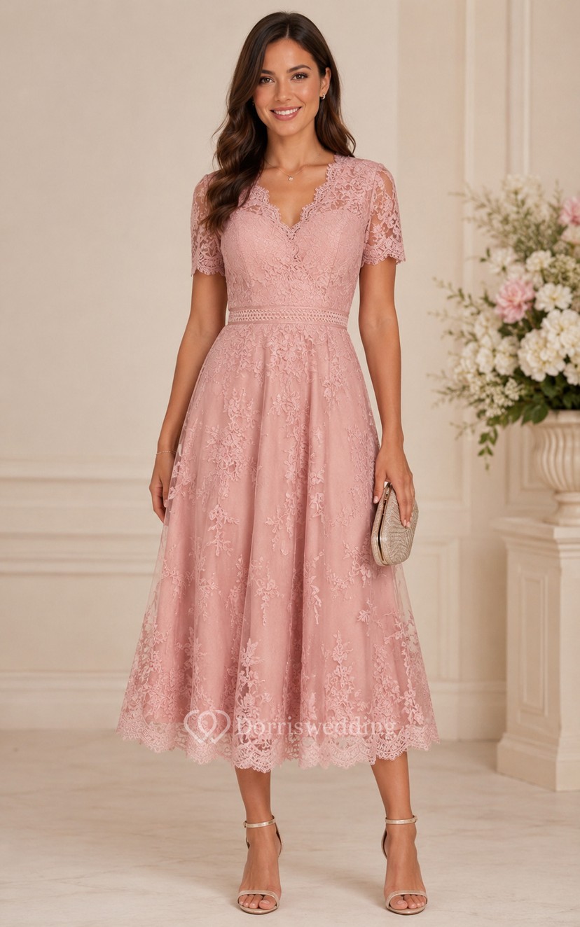 Dusty Rose Lace V-neck Short Sleeve Tea-Length Dress | Dorris Wedding