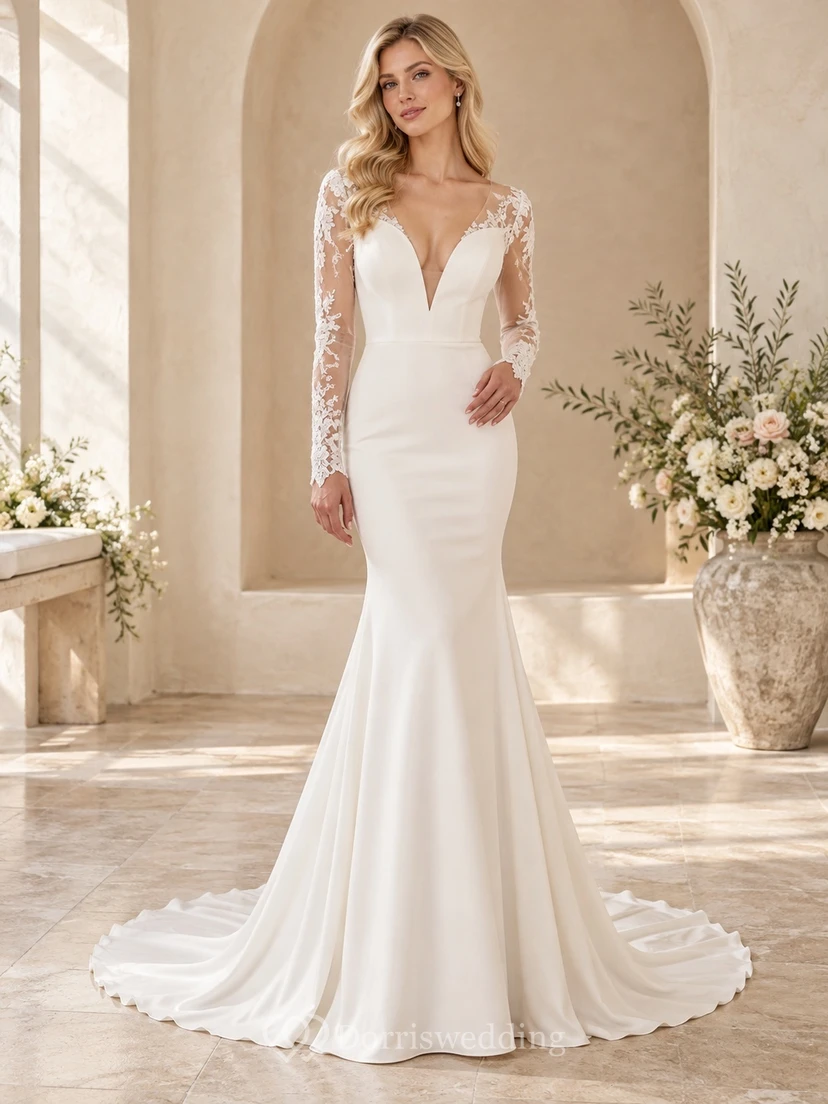 Mermaid Long Sleeve Plunge V-neck Lace Satin Wedding Dress