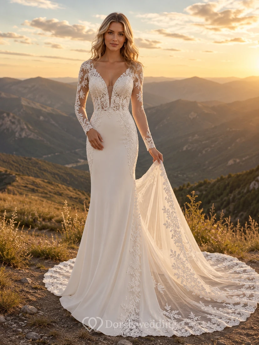 Robe de mariée bohème de montagne à manches longues en dentelle avec traîne chapelle