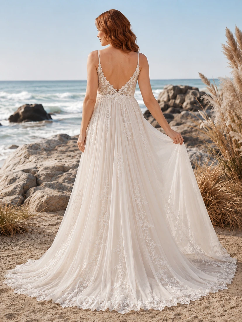 Maternity Wedding Dress Spaghetti Strap Lace Gown with Split Front and Beach Train view 2