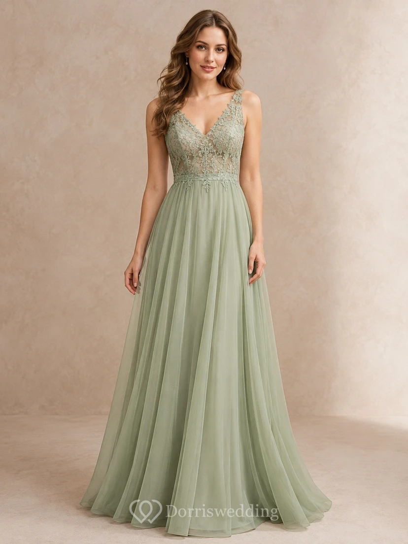 Celadon V-Neck Sleeveless Lace A-Line Maxi Bridesmaid Dress