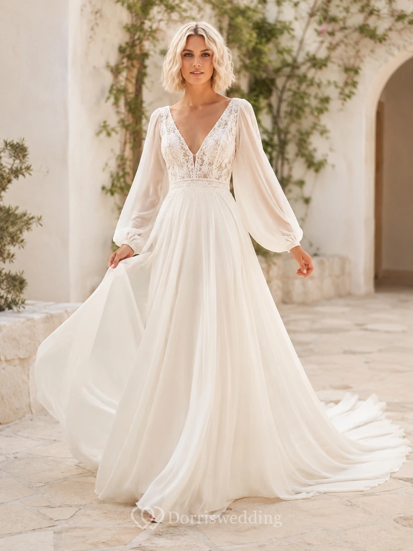 Vestido de novia bohemio playero de manga larga, corte A, encaje y cola