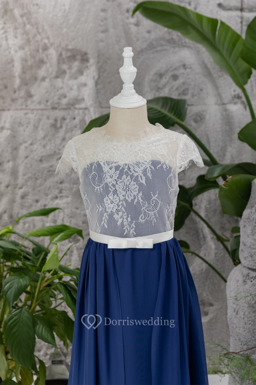 Lace Scoop-neck Cap Two-Tone Dark Blue Flowergirl Dress view 3