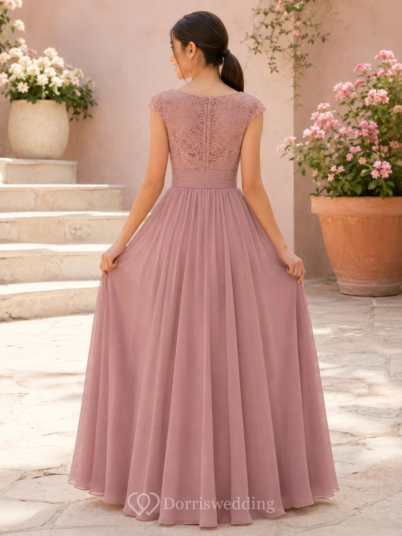 Romantisches, ärmelloses, bodenlanges Brautjungfernkleid in A-Linie aus altrosafarbenem Chiffon mit Spitze und Schmucksteinen view 2
