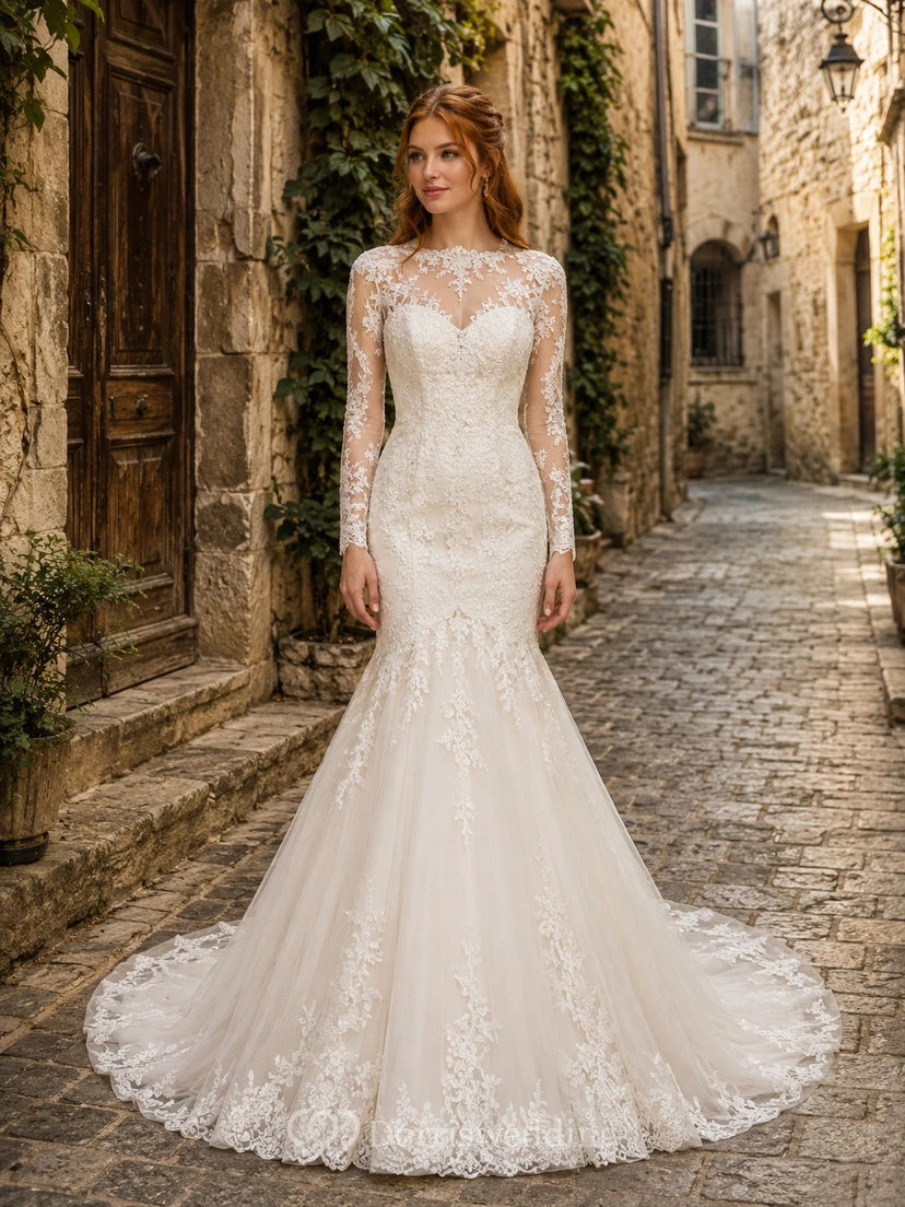 Modest Lace Tulle Wedding Dress Mermaid Jewel Neck Long Sleeve Chapel Train Bridal Gown