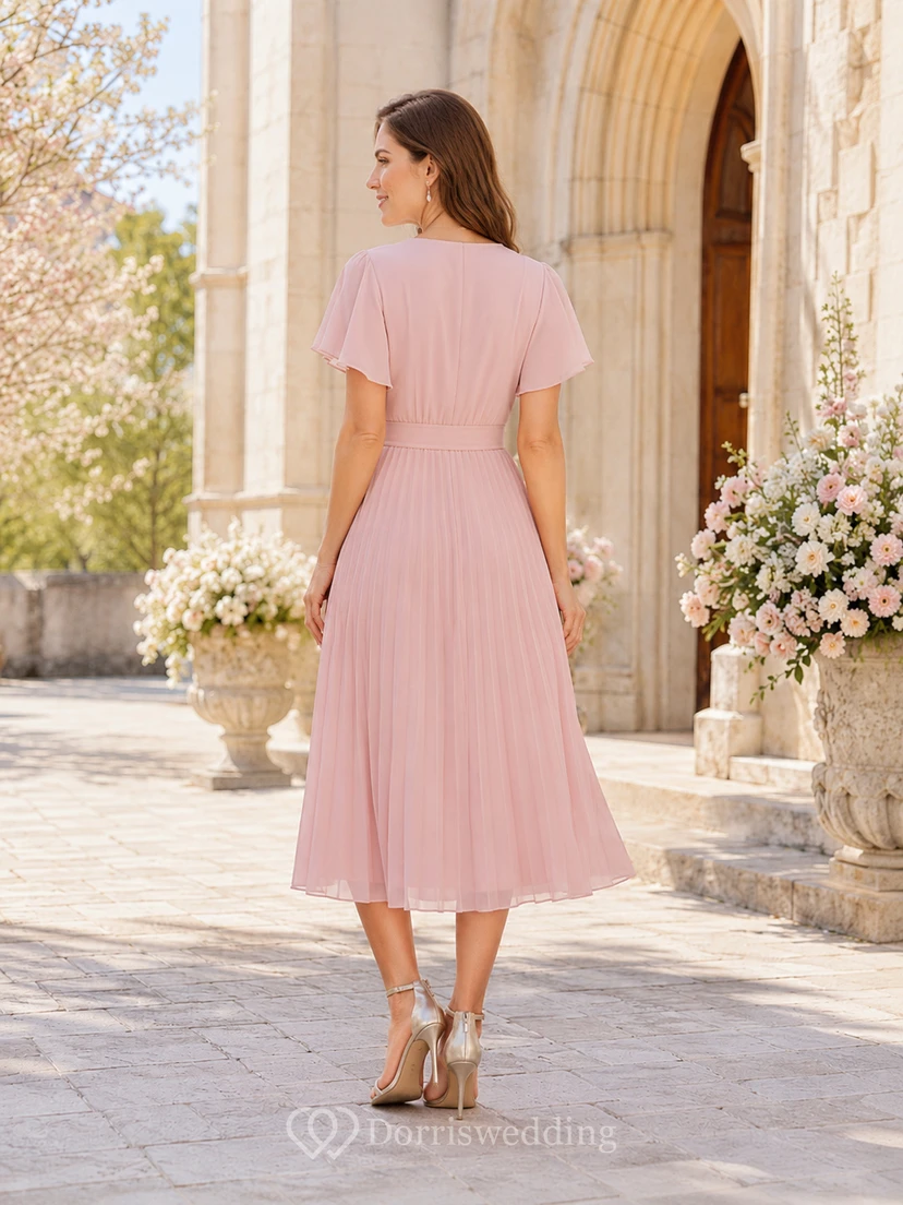 Romantic Blush Chiffon Mother Tea Length Wrap V Neck Flutter Sleeve Dress view 2