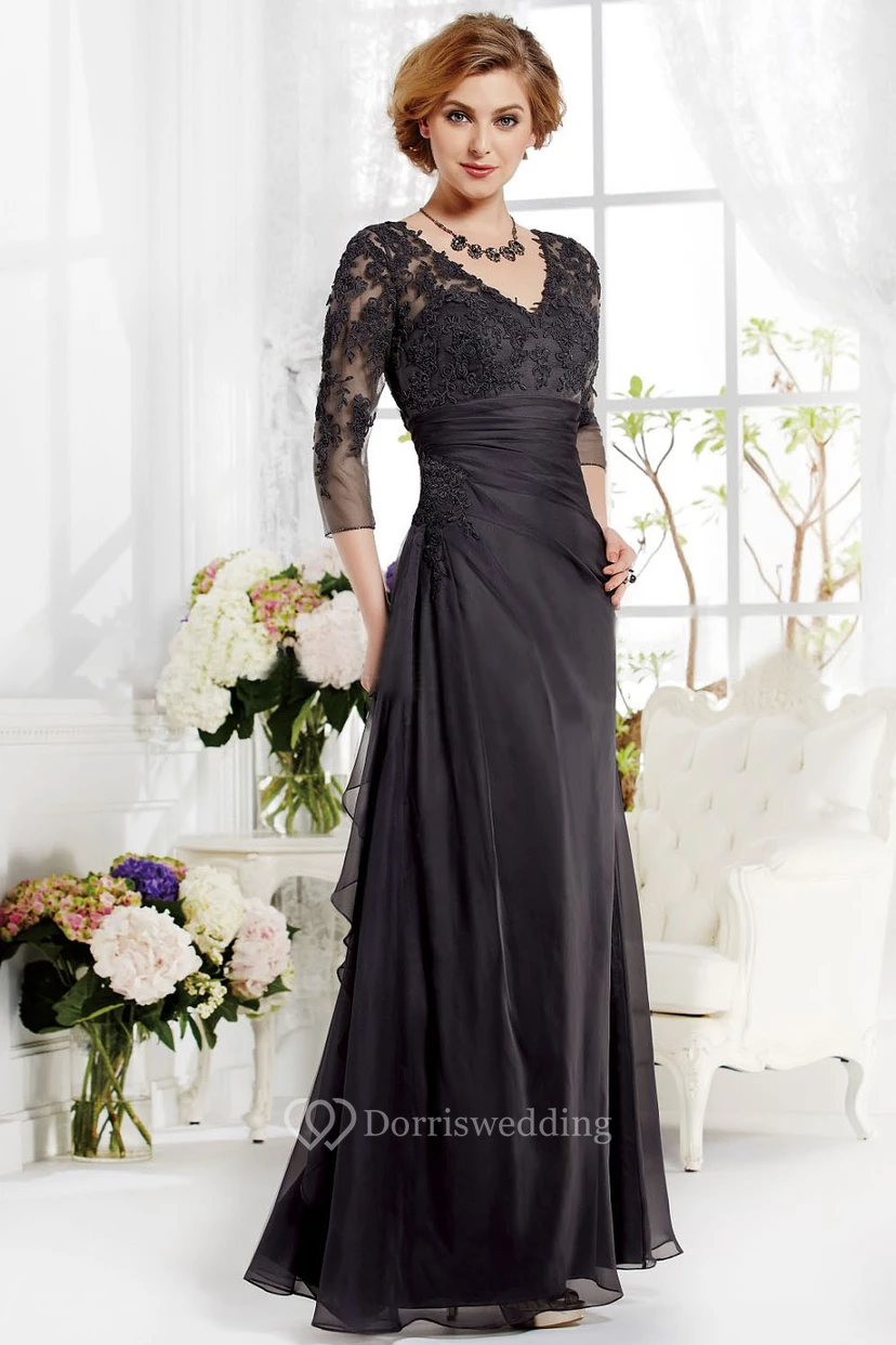 3-4 Sleeved V-Neck A-Line Gown With Appliques And Pleats