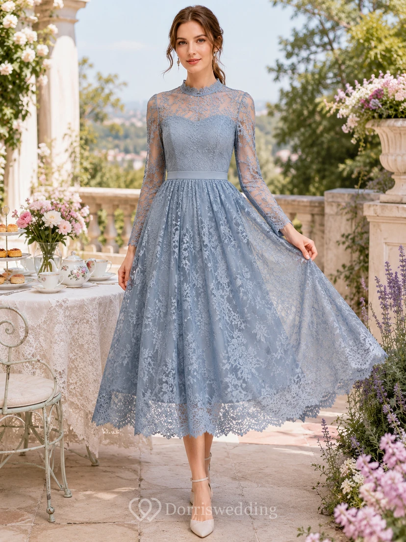 Dusty Blue Illusion Long Sleeve Lace Tea Length Dress