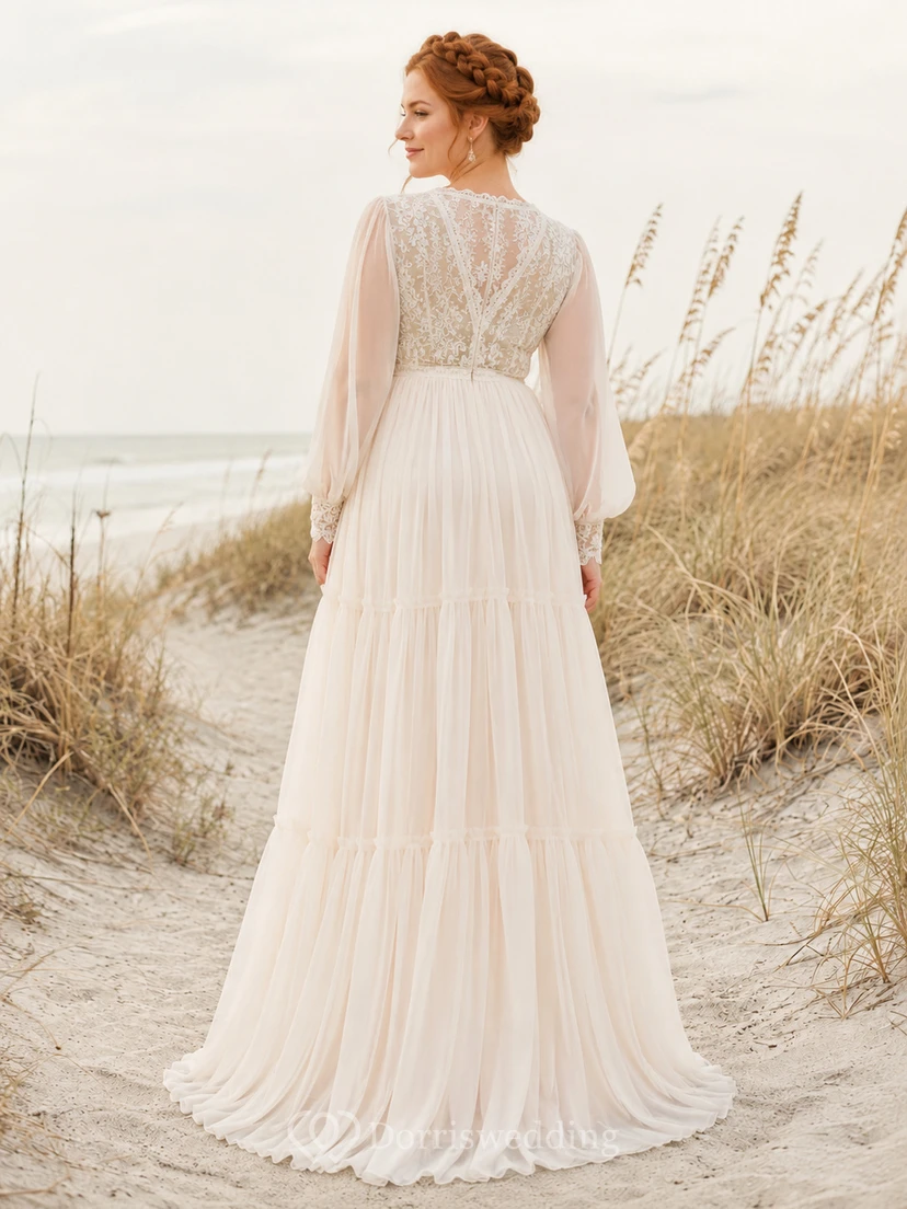Boho-Umstandsbrautkleid, langärmelig, mit Spitzenoberteil, A-Linien-Schnitt und hohem Kragen view 2