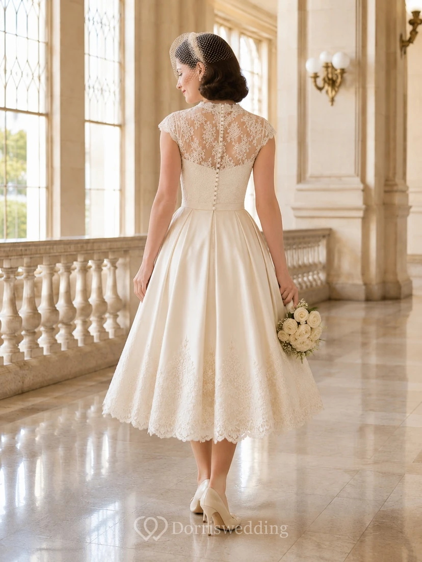 Champagnerfarbenes Vintage-Kleid in A-Linie mit Schmuckkragen, Spitze, Teelänge, elegant, für eine intime Hochzeit view 2