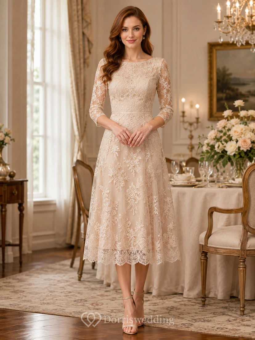 Champagne Lace Three Quarter Sleeve A Line Family Ceremony Dress