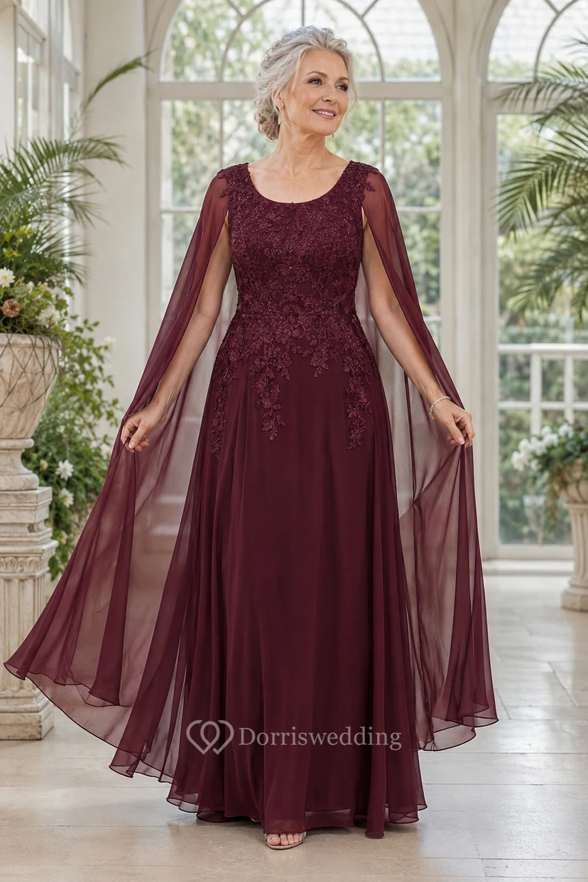 MOB-Kleid aus burgunderfarbenem Chiffon mit Spitze, A-Linie, Cape-Ärmeln, Rundhalsausschnitt, bodenlang, Cape-Ärmel-Detail