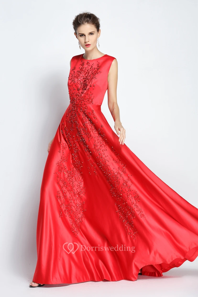 A-Linien-Abendkleid aus bodenlangem, juwelenfarbenem Satin, ärmellos und mit Perlenstickerei view 3