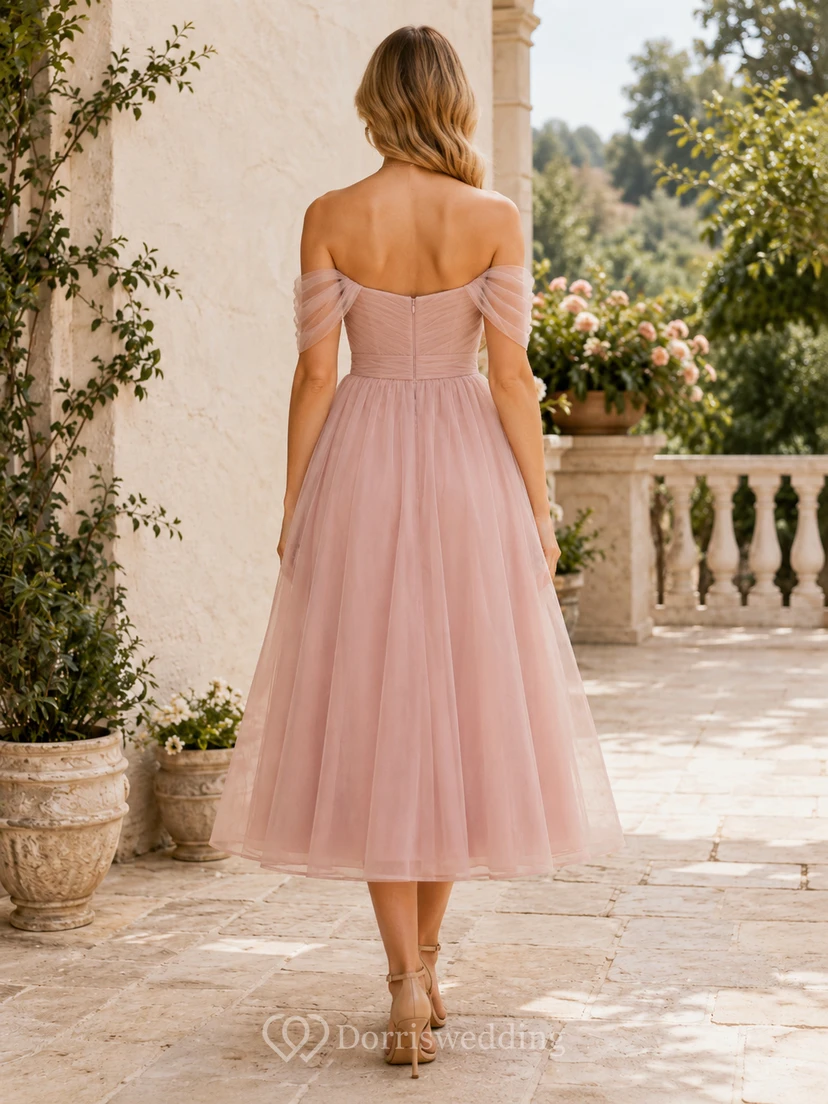 Vestido largo midi sin tirantes de organza color rosa empolvado view 2