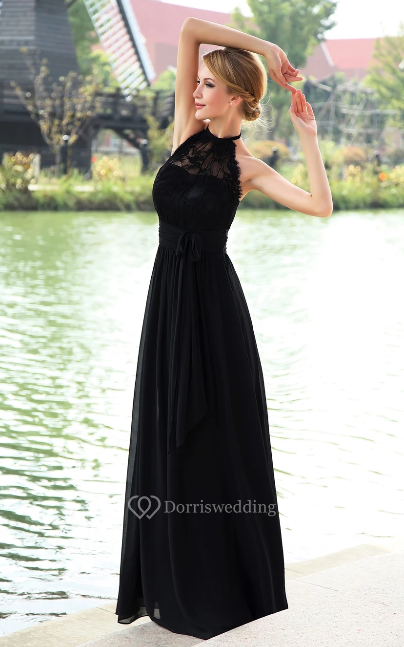 Chiffon High-Neck Strapless Floor-Length Dress With Halter view 2