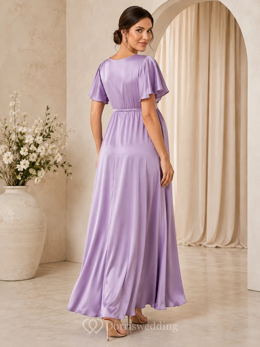 Maternity Lilac V-Neck Flutter Sleeve Satin Empire Ankle-Length A-Line Formal Dress view 2
