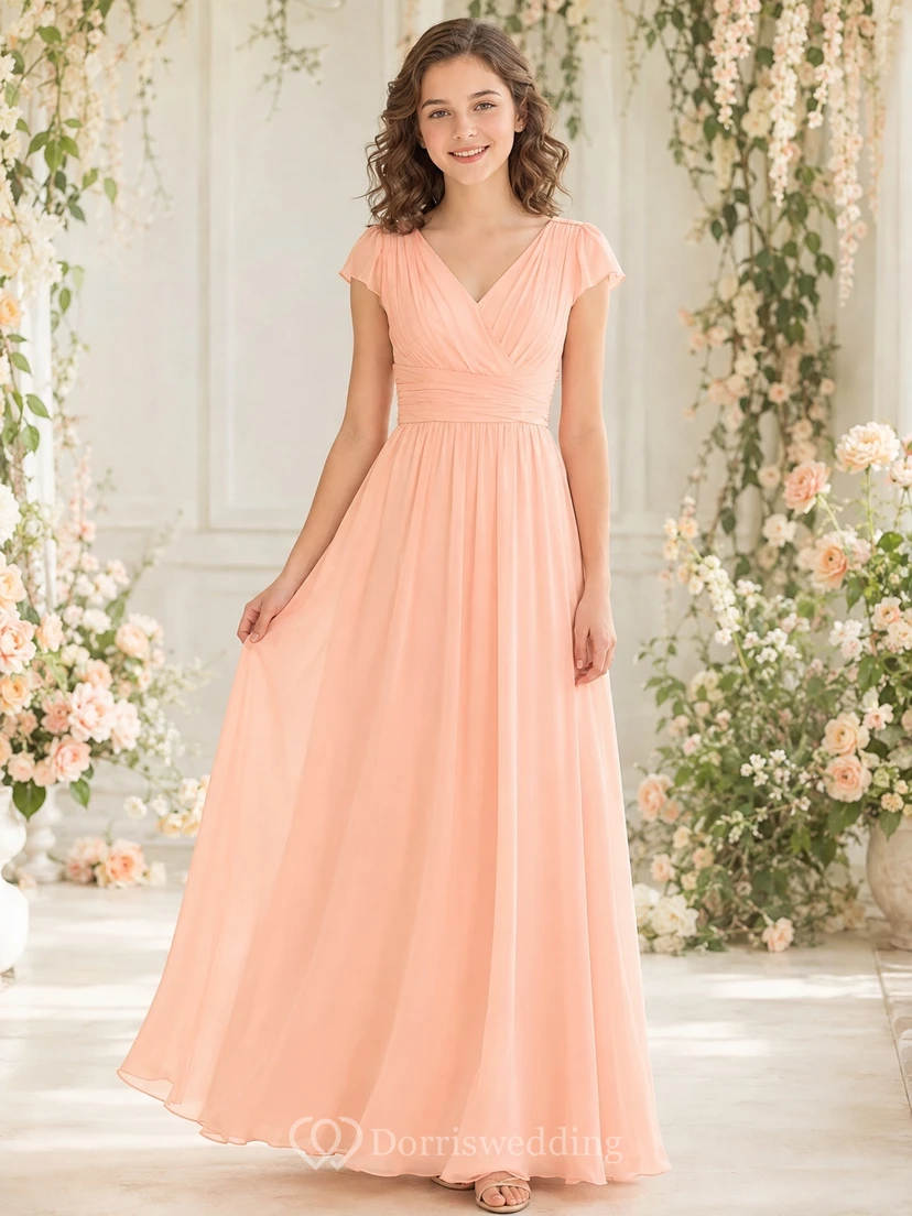 Blushing Pink Junior Bridesmaid Dress A-Line Floor-Length V-Neck Short Sleeve Draped Bodice Romantic