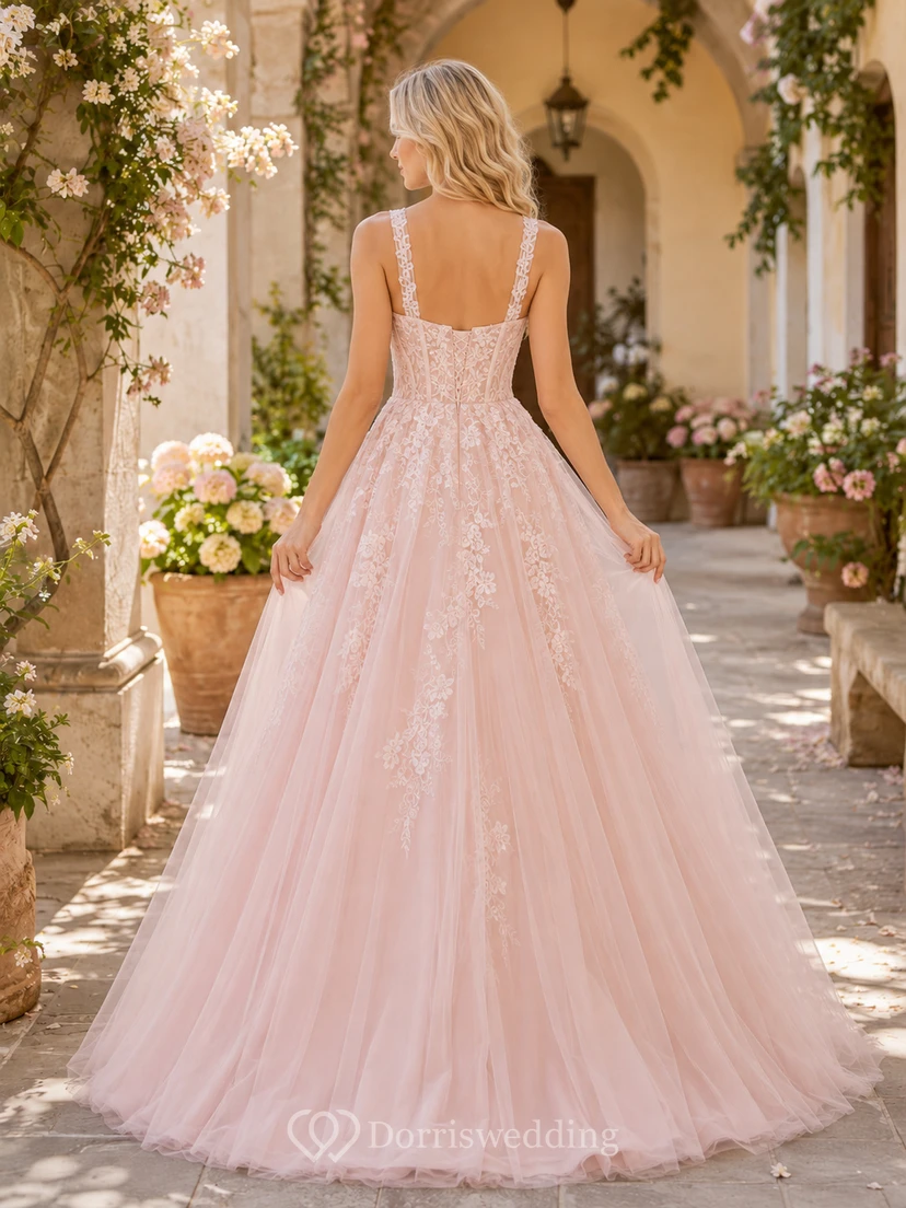 Brautkleid im Courtyard-Stil, A-Linie, aus Spitze und Tüll, mit Spaghettiträgern in Rosa view 2
