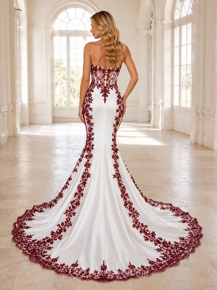 Burgunderfarbenes, ärmelloses Brautkleid im Meerjungfrauen-/Trompetenstil mit herzförmigem Ausschnitt und Kathedralenschleppe, romantisch und elegant view 2