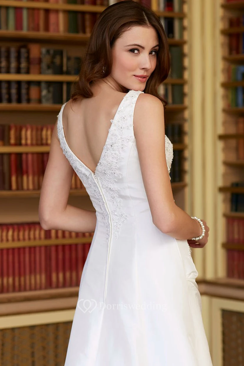 A-Line Long Beaded V-Neck Sleeveless Satin Wedding Dress With Low-V Back And Side Draping view 2
