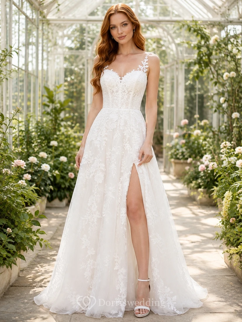 Romantic Lace A-Line Sweetheart Spaghetti Strap Split Wedding Dress