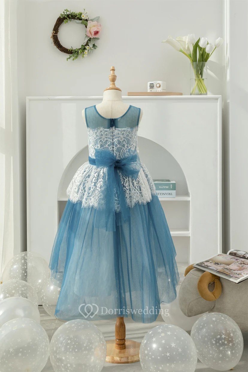 Lace Two-Tone White and Blue Ball Gown Flowergirl Dress with Petals view 2