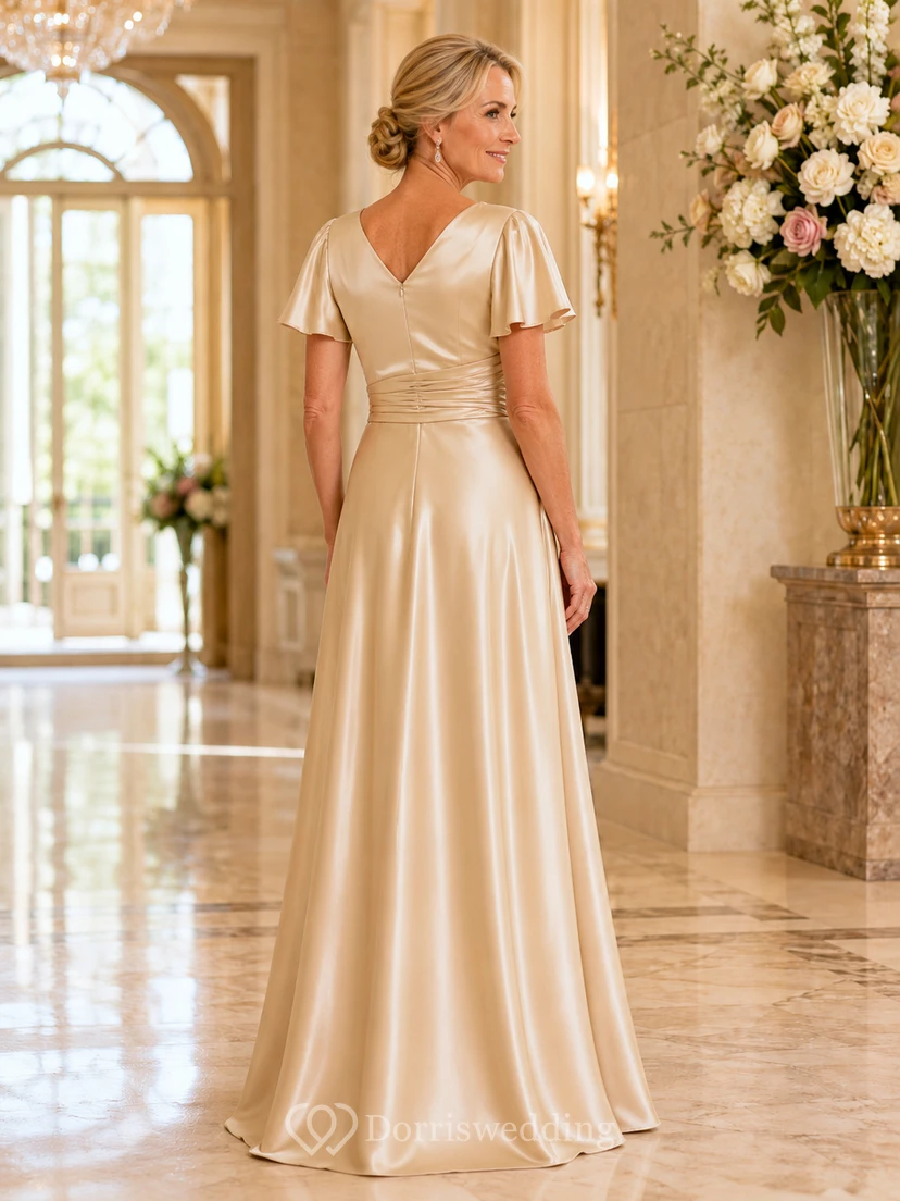 Elegantes, champagnerfarbenes, bodenlanges A-Linien-Kleid aus Satin für die Mutter der Braut mit V-Ausschnitt, flatternden Ärmeln und drapierter Taille. view 2