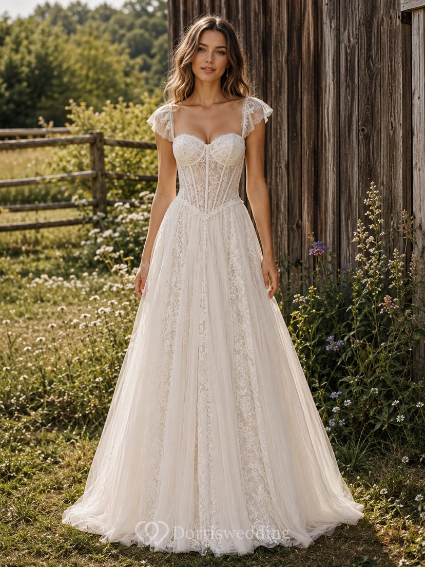 Vestido de novia campestre con corsé de encaje y mangas cortas, cintura baja y estilo corpiño.