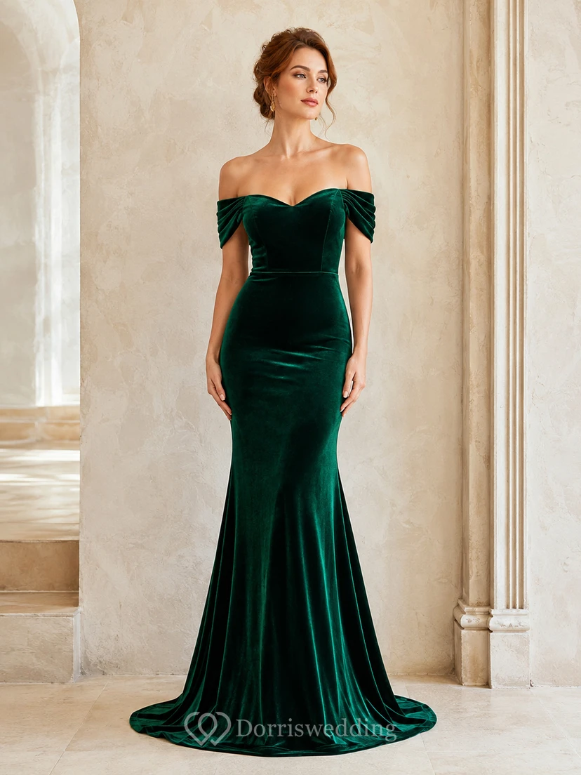 Vestido de fiesta de lujo de terciopelo Evergreen verde oscuro estilo sirena, largo hasta el suelo, con hombros descubiertos y manga corta.