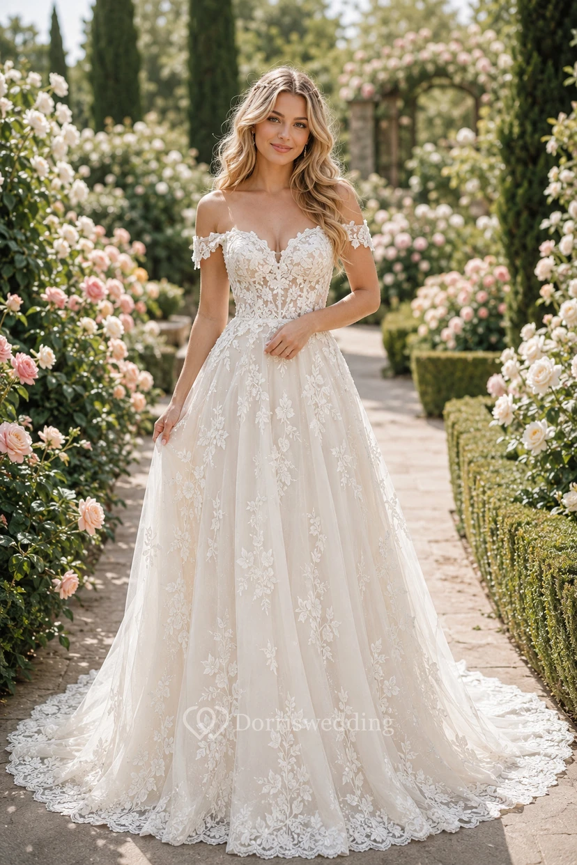 Off-the-Shoulder Lace A-Line Wedding Dress