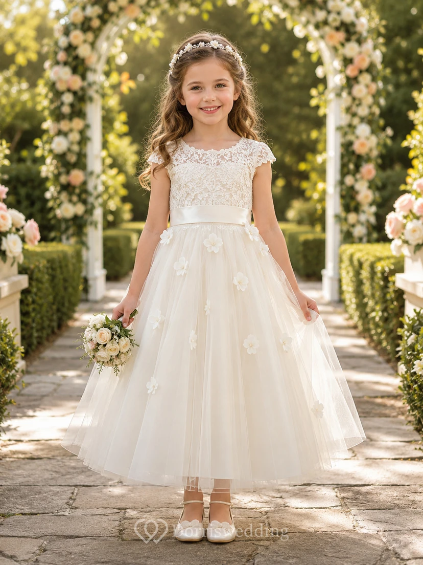 Vestido de niña de las flores, color marfil, encaje y tul, corte en A, manga corta, escote redondo, largo midi, lazo en la espalda.
