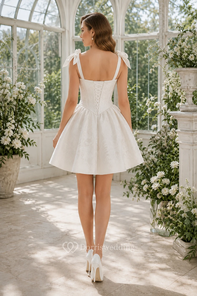 Robe de mariée courte en satin à décolleté en cœur et bretelles nouées, coupe trapèze view 2